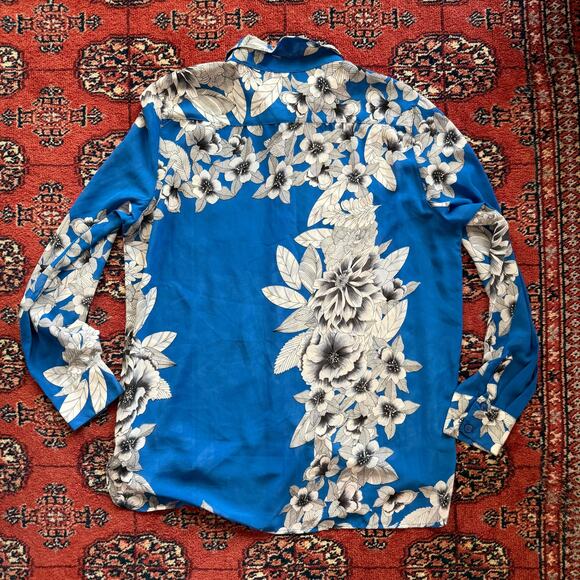 Covet L Azure Blue White Floral Print Long Sleeve Button Front Polyester Blouse - Picture 6 of 8